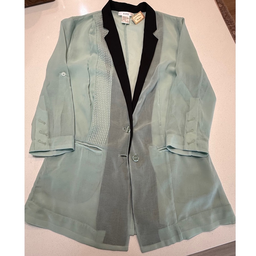 Esley Sage Green Sheer Chiffon Blazer Black Lapel Roll Tab Sleeve Small 7417J-A